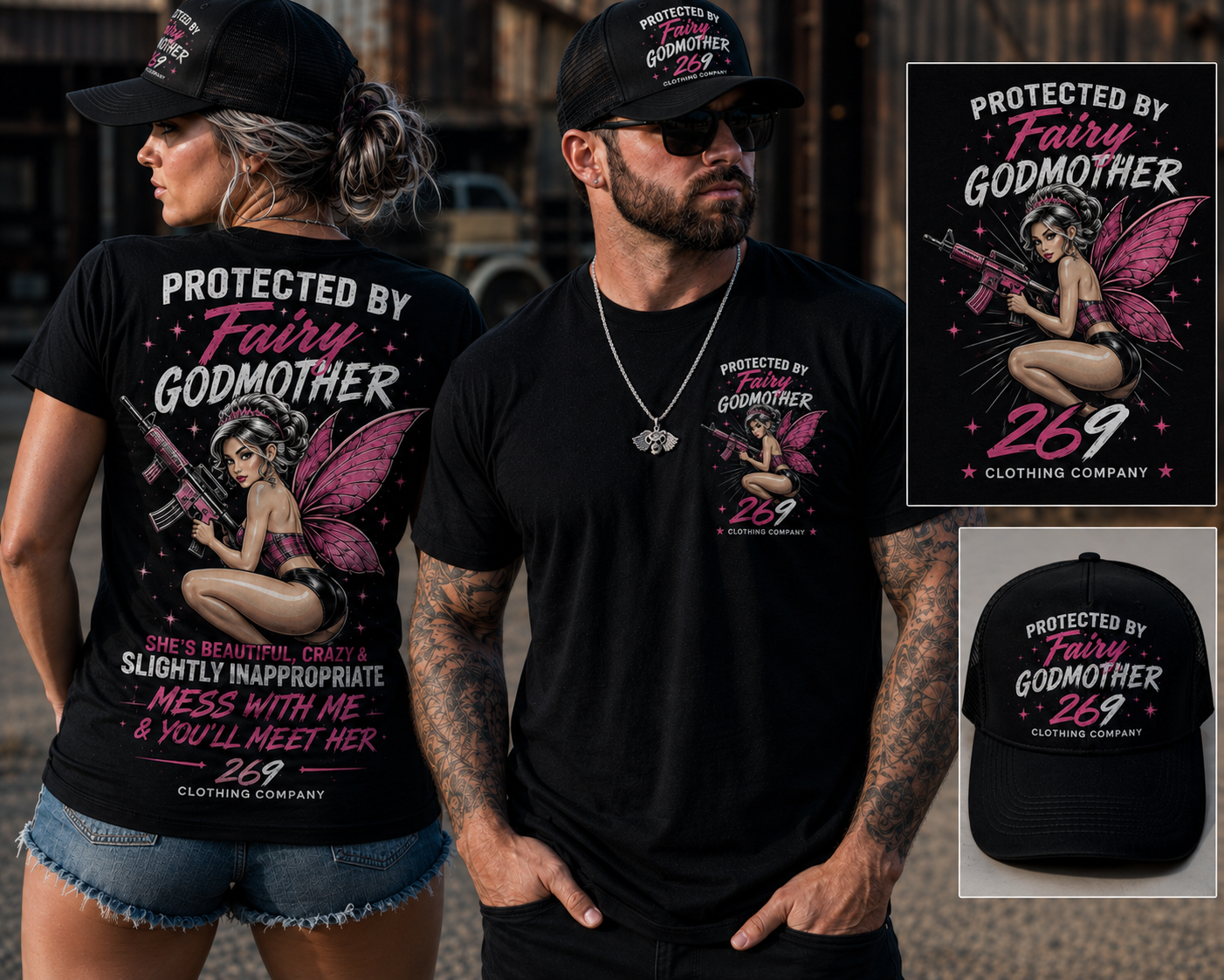 Couple wearing 269 Clothing Company Fairy Godmother graphic apparel