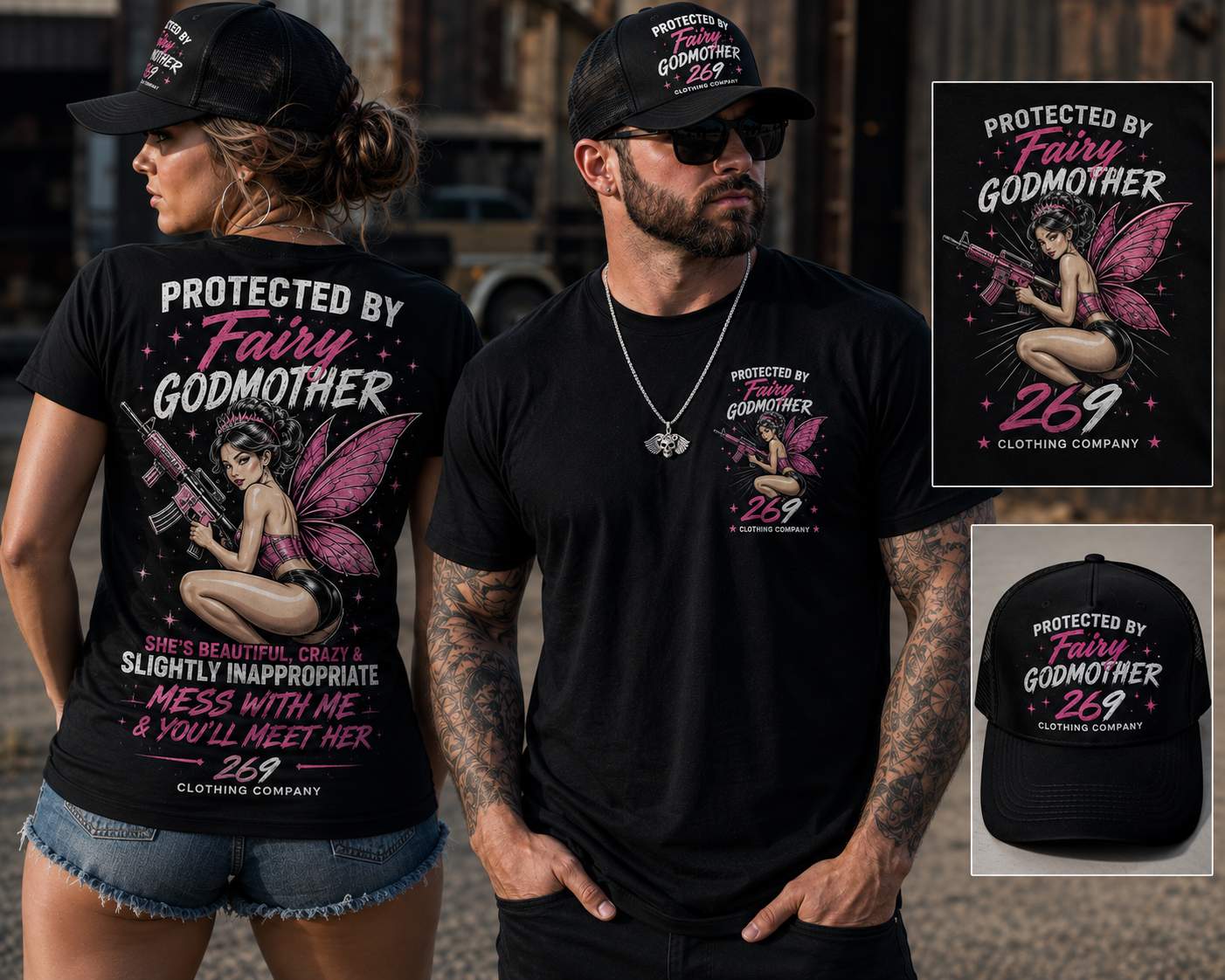 Couple wearing 269 Clothing Company Fairy Godmother graphic tee
