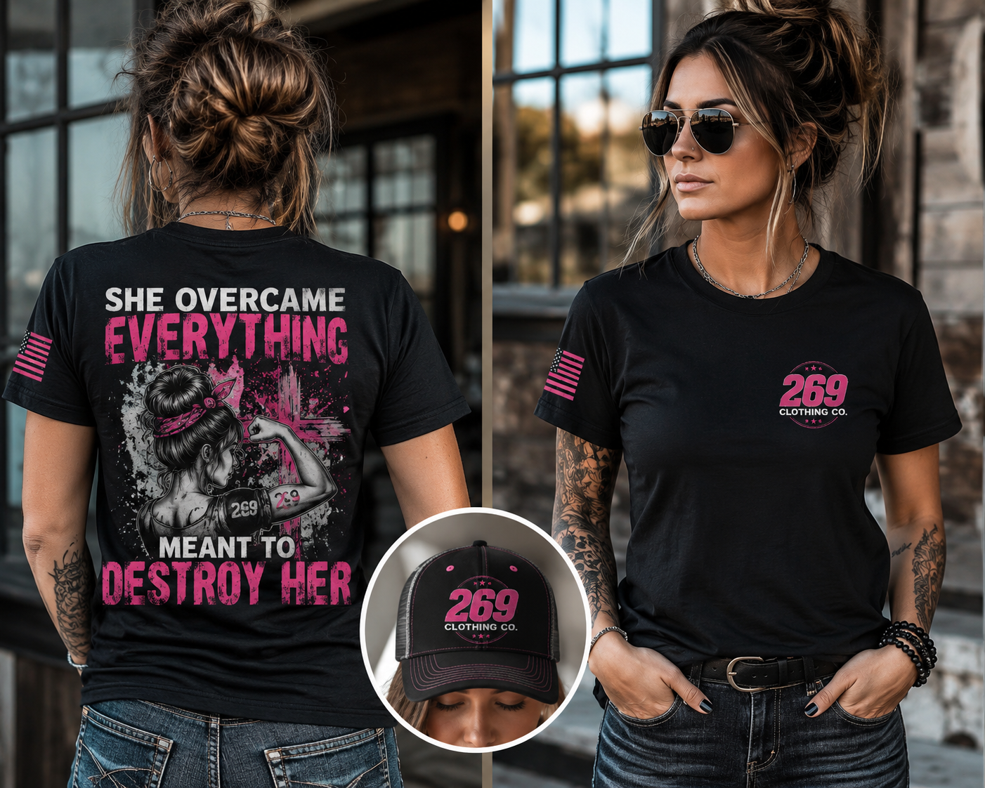 269 Clothing Company founder — woman modeling graphic tees and branded hat