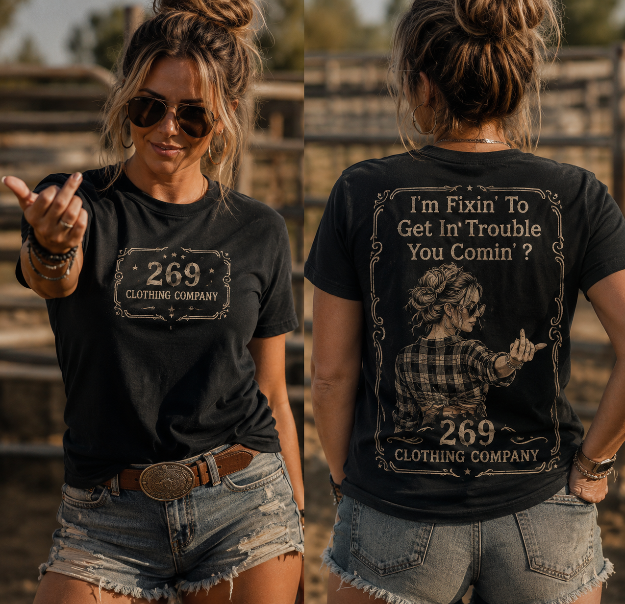 Woman wearing graphic tee at the ranch